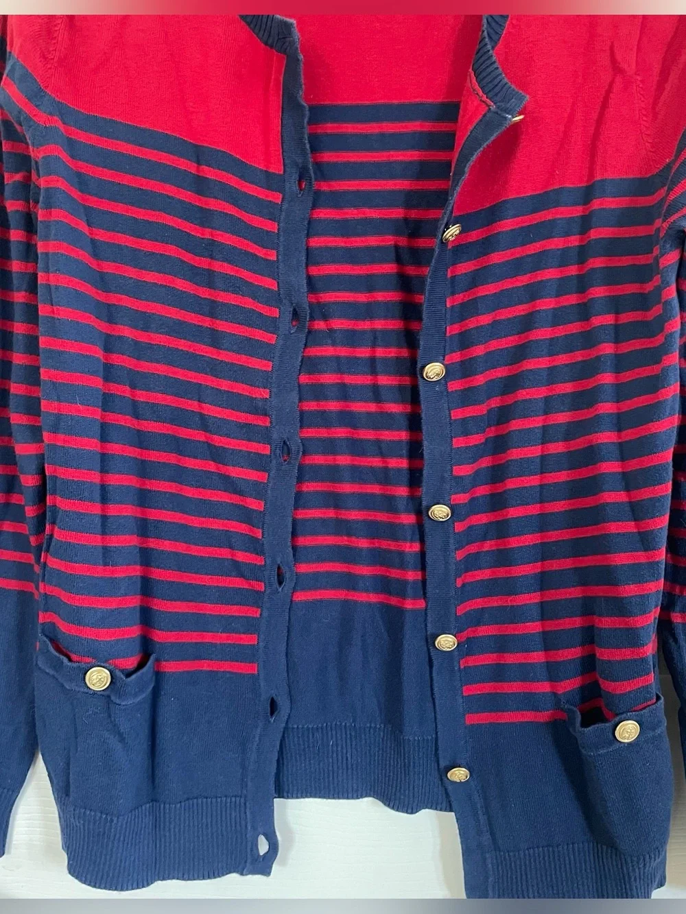 Lands End Red Navy Blue Nautical Cardigan size S 100% Cotton - Picture 3 of 13